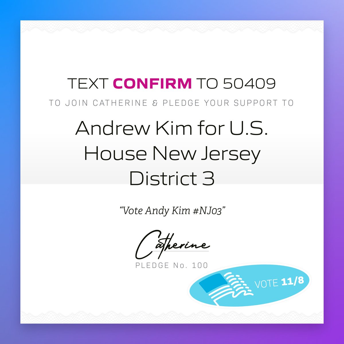 🖋 Catherine in Douglas County, Colo. just pledged to support Andrew Kim for U.S. House New Jersey District 3! 

Tap to pledge your support &amp; get ready to vote: x.com/messages/compo…