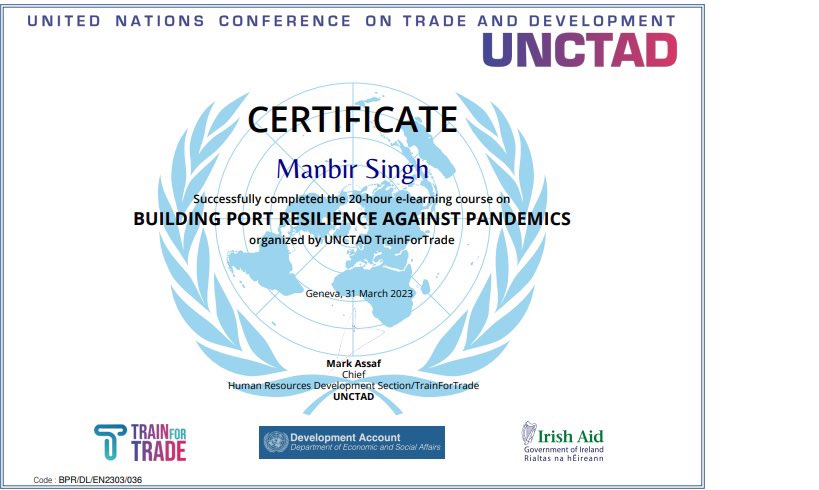 manbir_s's tweet photo. Successfully Completed the 20-Hour e-learning course on BUILDING PORT RESILIENCE AGAINST PANDEMICS organized by United Nations Conference On Trade And Development (UNCTAD).
#unctad #elarning #unitednations #tradeconference #conference #pandemics #ctgroup #jalandhar #punjab https://t.co/plegQx77ay