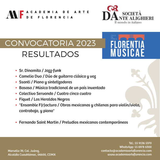 AArteFlorencia's tweet photo. A toda la comunidad artística y cultural, les compartimos los resultados de la Convocatoria 2023 de Florentia Musicae, convocada por la Academia de Arte de Florencia y La Società Dante Alighieri. 

¡Muchas felicidades! https://t.co/q7pkIs0YxA