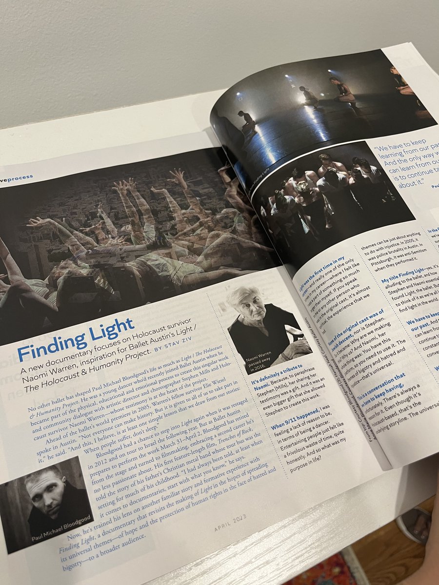 Thrilled to be back in the pages of <a href="/Dance_Magazine/">Dance Magazine</a> 10+ years after I did my very first editorial internship there. <a href="/PaulMBloodgood/">Paul M. Bloodgood</a>'s film "Finding Light" is a tribute to survivor Naomi Warren and <a href="/BalletAustin/">Ballet Austin</a>'s "Light/The Holocaust &amp; Humanity Project." dancemagazine.com/finding-light-…