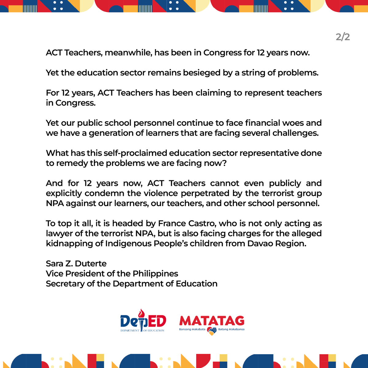 Reply by DepEd Secretary to ACT Teachers Rep. France Castro 

#MATATAG
#BansangMakabata 
#BatangMakabansa 
#DepEdPhilippines