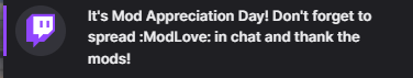 failderp_'s tweet photo. Happy Mod Appreciation day to my moddies on Twitch! Love yaaaaa 
💜💜💜💜💜💜 https://t.co/iyj4P9jqfe