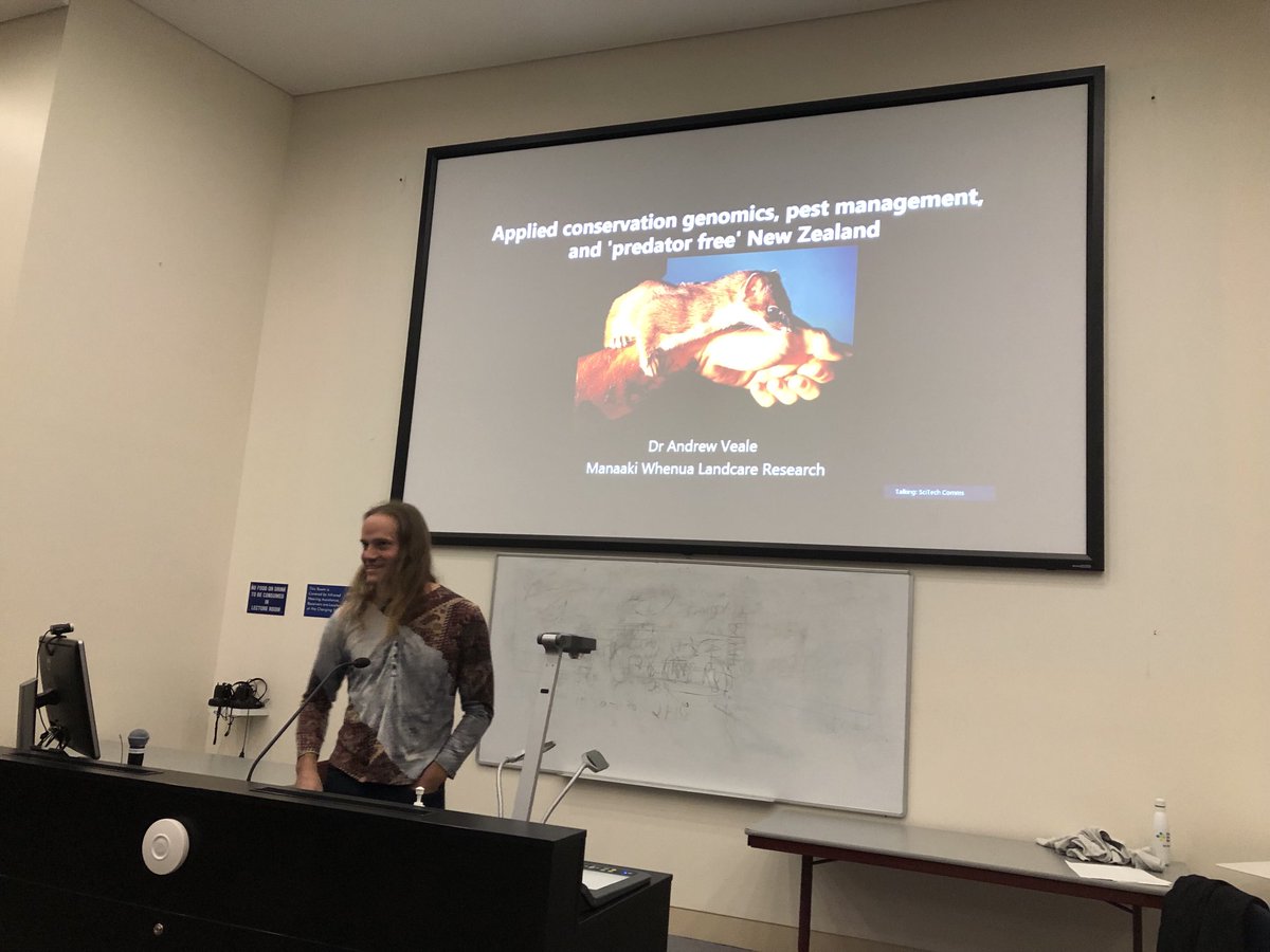 Vicki_Thomson's tweet image. Predator free New Zealand #PF2020 talk on stoats and genomics by Andrew Veale ⁦@IAEUC⁩ seminar series ⁦⁦@UC_CCEG⁩ @UC_CAWS⁩ ⁦@UCSciTech⁩