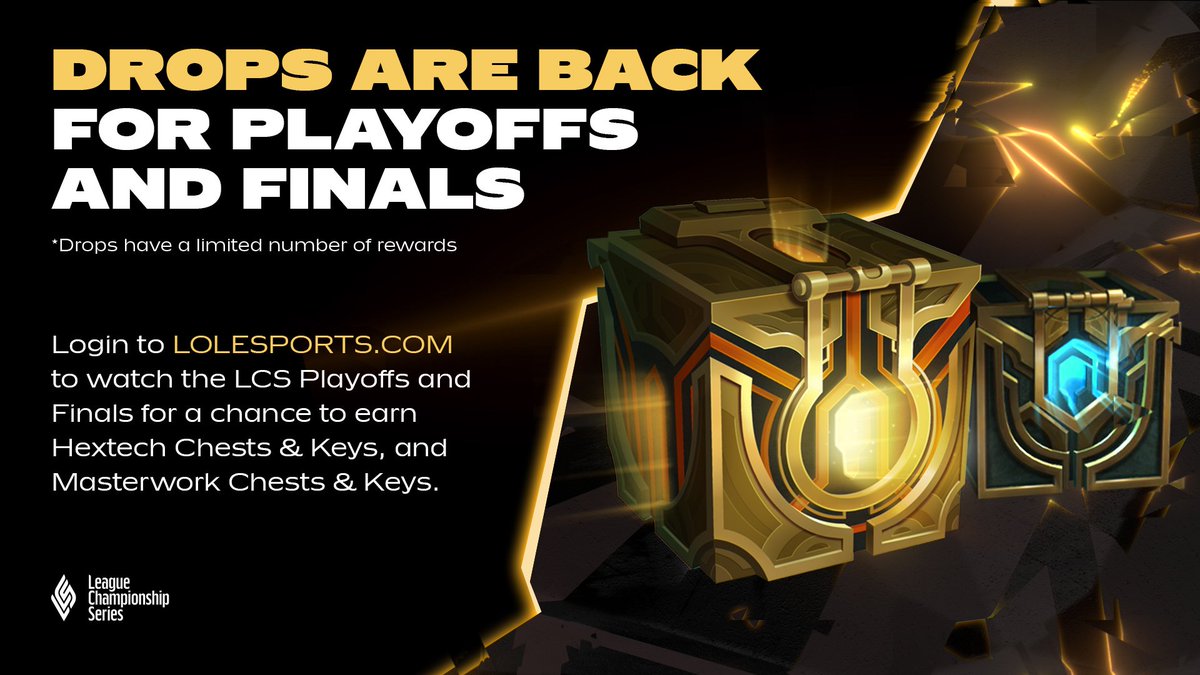 LCSOfficial's tweet photo. Watch the #LCS or #LCSEnEspañol stream on https://t.co/KcOJoKMcG3 for a chance to earn Hextech Chests &amp; Keys, and Masterwork Chests &amp; Keys.

Learn more: https://t.co/hCu9yBTSJK https://t.co/KS5E7J9yWb