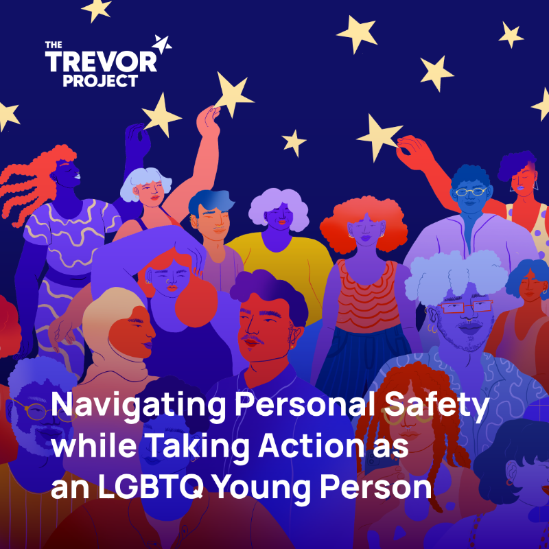 TrevorProject's tweet photo. On Trans Day of Visibility tomorrow, many LGBTQ young people across the country will march to speak up for their right to safety, autonomy, and joy. 

We stand and march alongside you! Here are some tips to make sure you are safe while making your voices heard ⬇️
