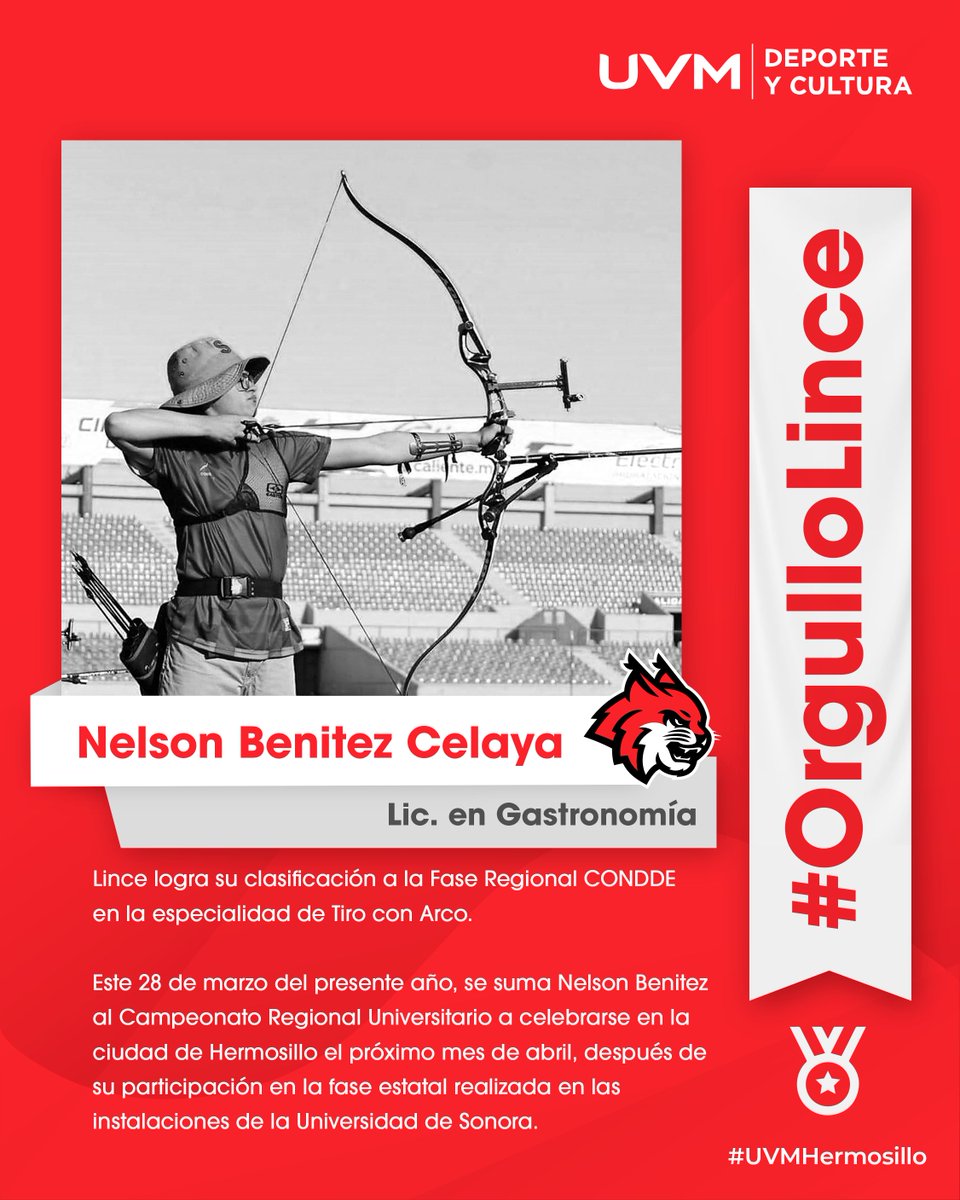 zchd's tweet photo. Se clasifica para la fase Regional de la Universiada 2023.
Nelson Benítez estudiante de la carrera de Gastronomía primer semestre en la disciplina de Tiro con Arco.
Felicidades, Lince Deportista. https://t.co/K9q46K3SZQ