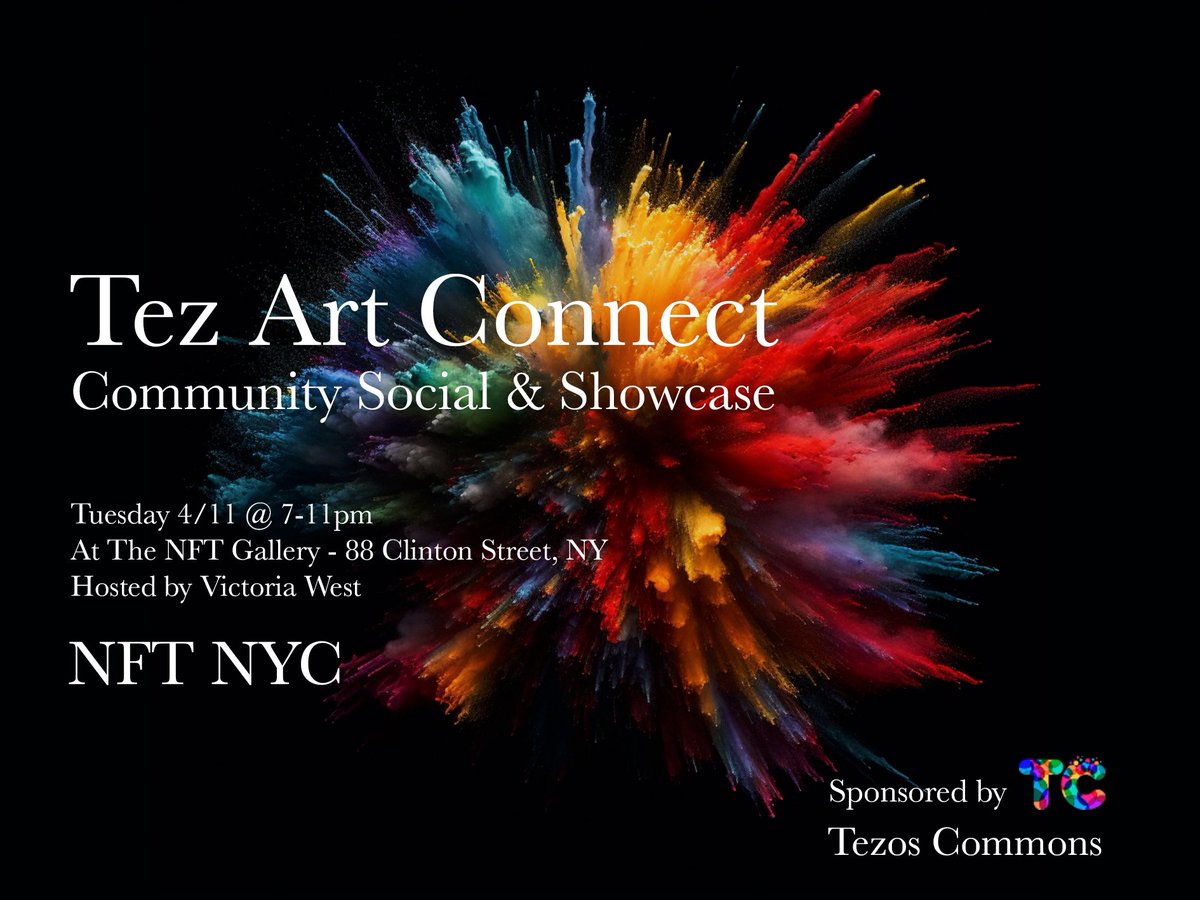 It's official, Tez Art Connect is coming to NYC, April 11th, 7-11 pm at the beautiful @TheNFTGallery4, sponsored by <a href="/TezosCommons/">Tezos Commons</a>!

We'll be showcasing the artwork of over 100 amazing artists along with a live and in person Tez Talk space w co hosts <a href="/LeslieASpurlock/">lesliespurlock.sol | NFT.NYC 2024 🏴‍☠️</a> <a href="/aaronvick/">aaronV</a>