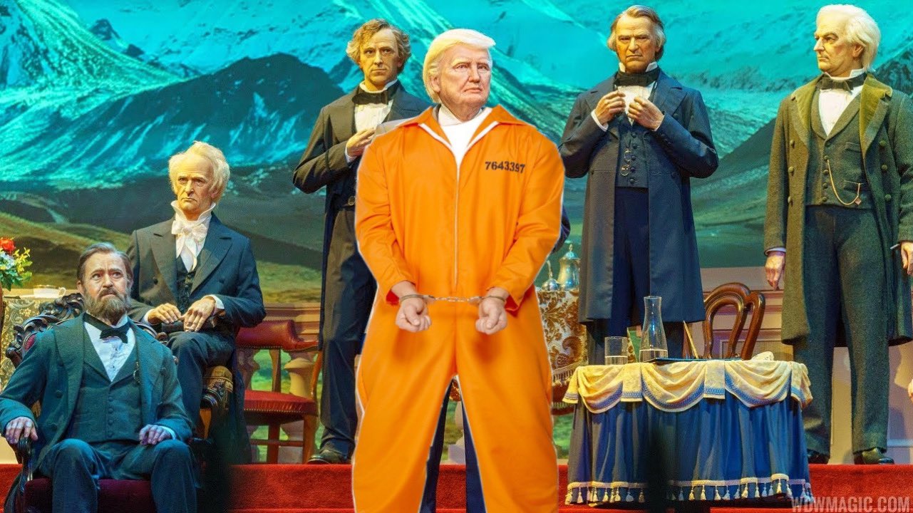 Donald Trump figure in Disney World's Hall of Presidents attraction dressed in an orange jumpsuit