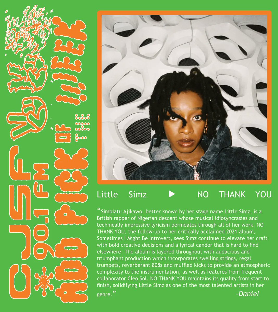 CJSF's tweet photo. Max out yr fun bars w/ the artists on this week's #CJSFCharts + our #CJSFPick, "NO THANK YOU" by @LittleSimz: check 'em out below!
๐ This week's #Top3: @jpmeldrum, @hyaenasband, Bridal Party
๐ Put this week's Charts in yr (listening) queue: visit https://t.co/Orw7mx5TXG today! https://t.co/wbdhYFQDY5