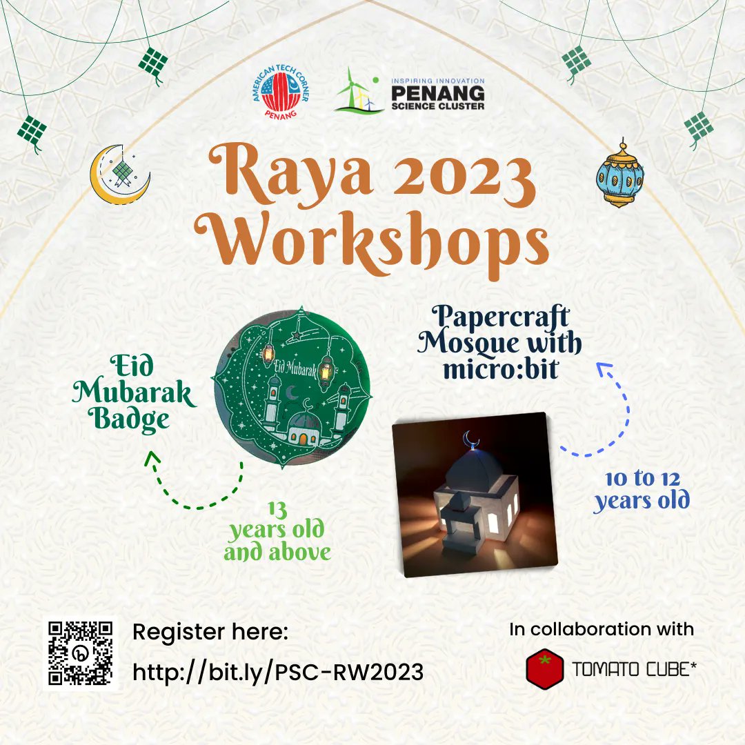pscpenang's tweet image. Celebrate the season with workshops at the American Tech Corner!
Explore programming with a Raya-themed badge (13+) or create a DIY paper craft mosque with micro:bit (10-12).
Sign up now: bit.ly/PSC-RW2023
#ProgrammingWorkshop #PaperCraftMosque #Microbit #atc…