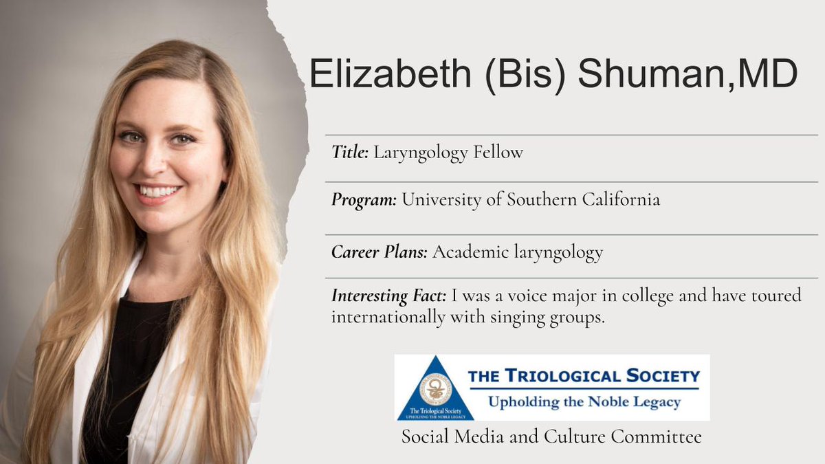 Triological's tweet photo. Meet Elizabeth Shuman! We are so fortunate to have her on our Social Media and Culture Committee. 

#TriologicalSpotlightThursday #ENT #Otolaryngology #AcademicMedicine #Laryngology #ProfressionalVoice #WomeninOto https://t.co/Sz8O4IrHj6