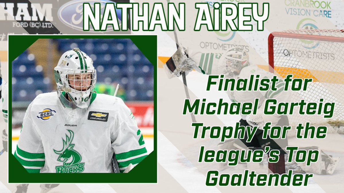 Goaltender Nathan Airey has been named a finalist in the BCHL's Michael Garteig Trophy for the league’s Top Goaltender. Congratulations!

#GoBucksGo #JoinTheHerd