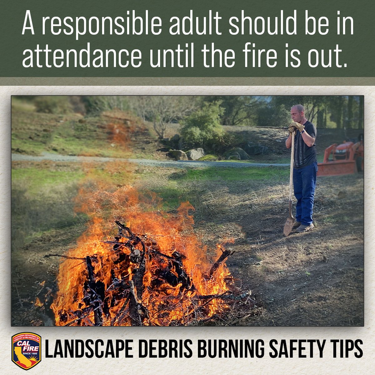 QuakeFactor's tweet image. A residential #LandscapeDebrisBurn carries plenty of responsibility. An adult should always be present at the debris site until the last ember is out.  #QuakeFactor