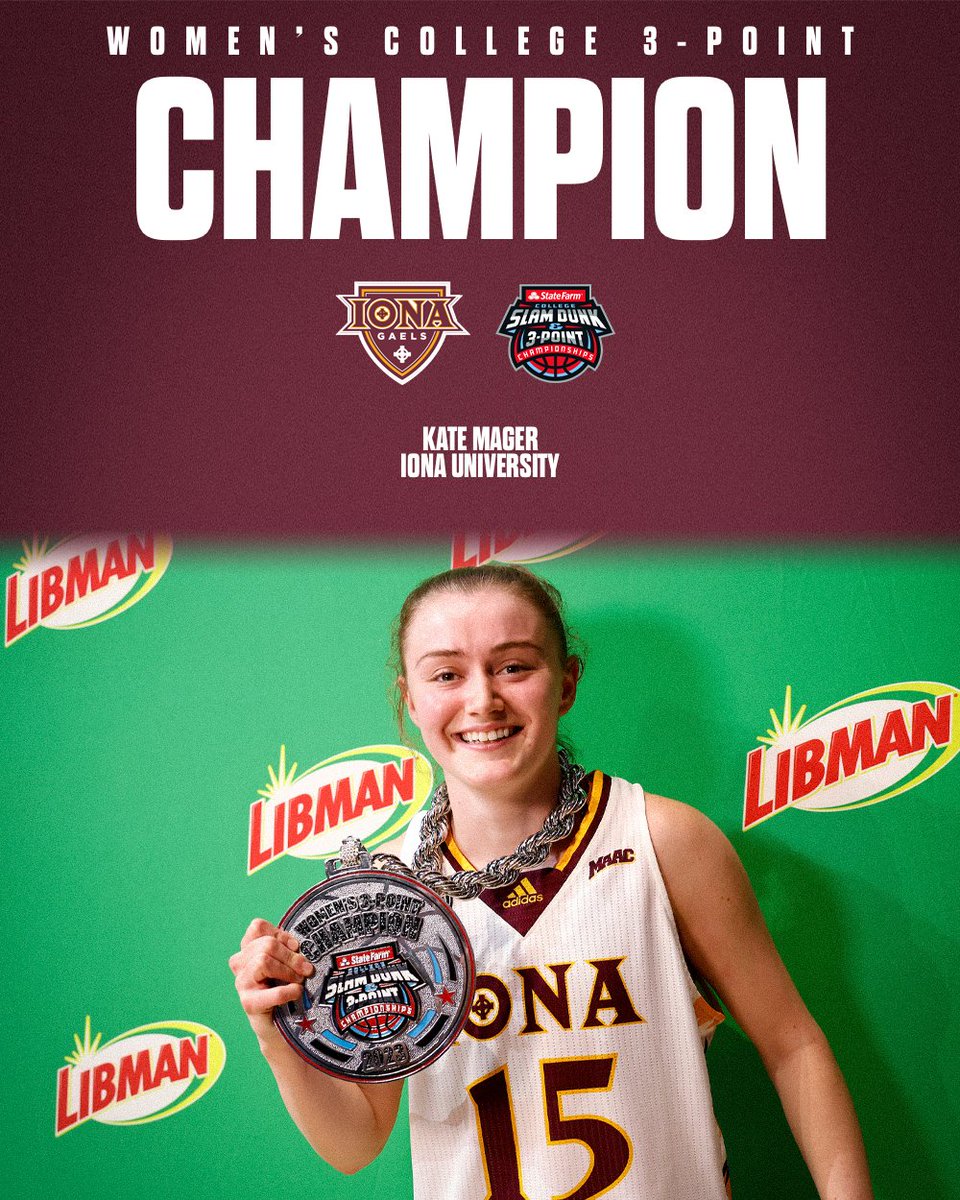𝗧𝗛𝗥𝗘𝗘 𝗣𝗢𝗜𝗡𝗧 𝗤𝗨𝗘𝗘𝗡 👑 Kate Mager of @IonaWBB is the 2023 @CollegeSLAM Women's Three-Point CHAMPION! #GaelNation
