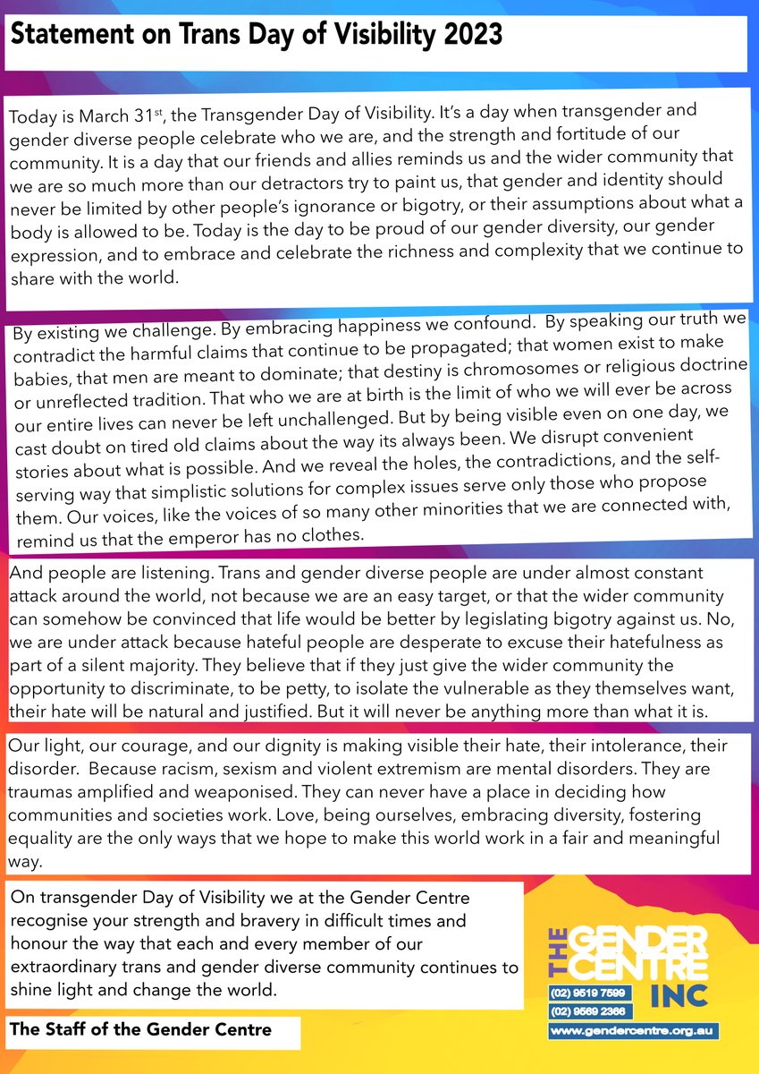 LGBTIQHealthAu's tweet photo. LHA full members the Gender Centre have released a message of hope and strength of trans and gender diverse communities on Trans Day of Visibility.

read the full version here: https://t.co/j39kdj8yzd https://t.co/h6DhFMmc9t