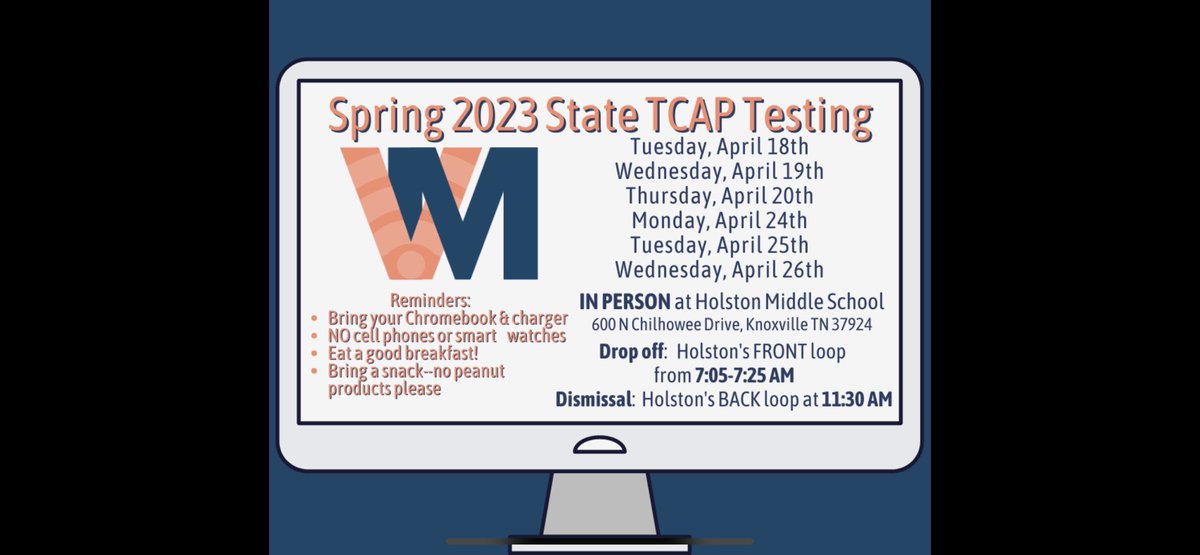 2023 Spring Virtual Middle School TCAP Schedule