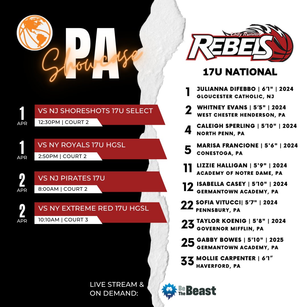 Our 17U National squad is kicking off their final campaign at the <a href="/hgsl_girls/">Hoop Group Girls</a> PA Showcase in Scranton this weekend. This squad is must see. HGSL Runners-Up last season, they are eager to get back after it 💪🏼💪🏼

Coaches watch at:  hoopgroupgirls.bethebeast.com/btb/recruiter