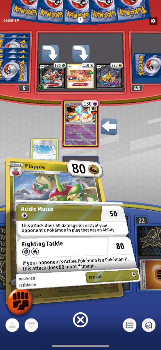 SpecialConTCG's tweet image. This is the FIRST real issue I’ve seen in #TCGL  How much damage should I be doing with Flapple’s Acidic Mucus attack here?