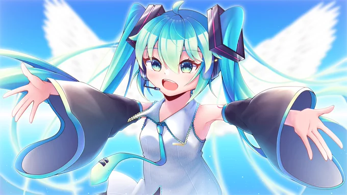 眞籐さんのミクさん!ふわっと大きな羽に合わせ、手を大きく広げるミクさんが素敵だホー!ヾ(o'∀`o)ノ優しい表情に癒されるホー【】 #piapro #初音ミク 