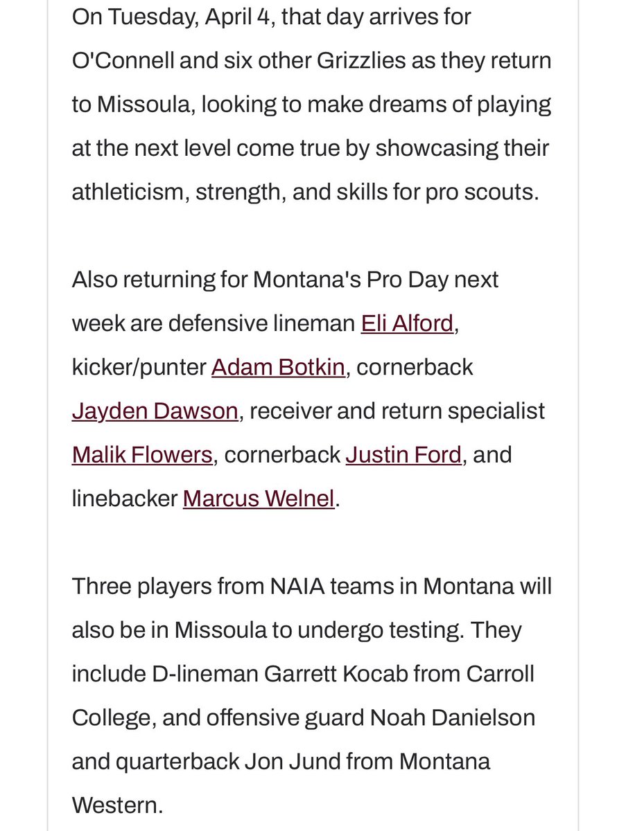 Three former <a href="/FConference/">Frontier Conference</a> football players will be in Missoula on Tuesday to participate in the University of Montana’s Pro Day 

<a href="/FootballCarroll/">Carroll College Football</a> DL Garrett Kocab

@UMWFootball OL Noah Danielson

@UMWFootball QB Jon Jund

#mtscores