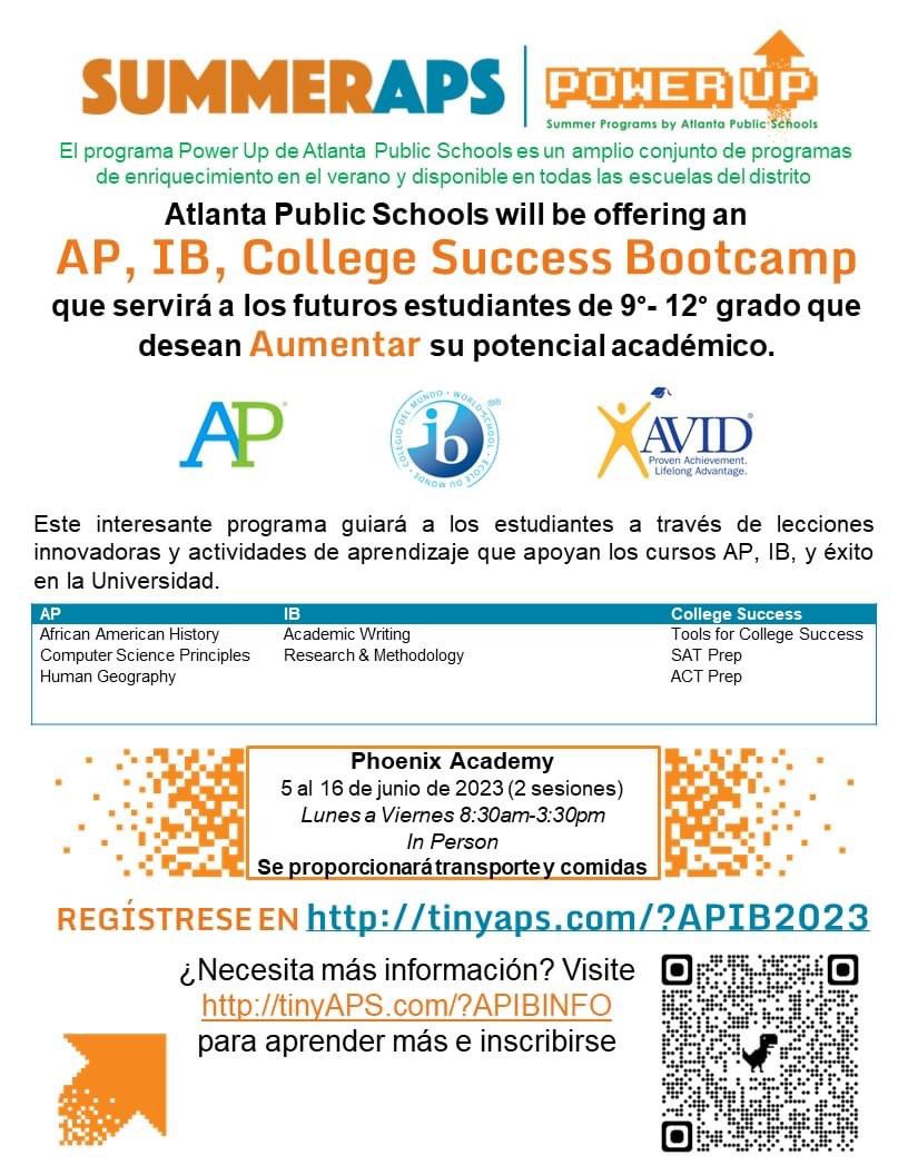APS is holding its annual AP/IB Power Up Summer Bootcamp! Just use the QR code in the flyer to register. <a href="/IBinAPS/">IB in APS</a> <a href="/APSMHJHSJaguars/">Principal Adam J. Danser, Ed.D.</a>