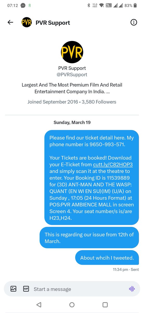 floydverma's tweet photo. @PVRSupport No reply in DM even after sharing all the details. https://t.co/PFOFQqR9Sd