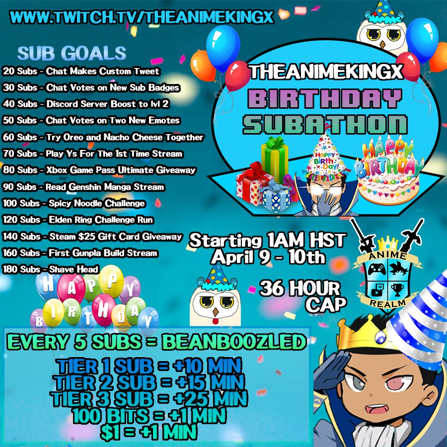 TheAnimeKingx's tweet photo. 🚨Attention Citizens of the Anime Realm &amp; beyond🚨

Heyo everyone, Its almost that time of the year that your king turns one year older! Just like last year I will be doing a fun subathon for my birthday on April 9th!!!

More details on the image below, See all you legends there! https://t.co/mFBqRmhoA2