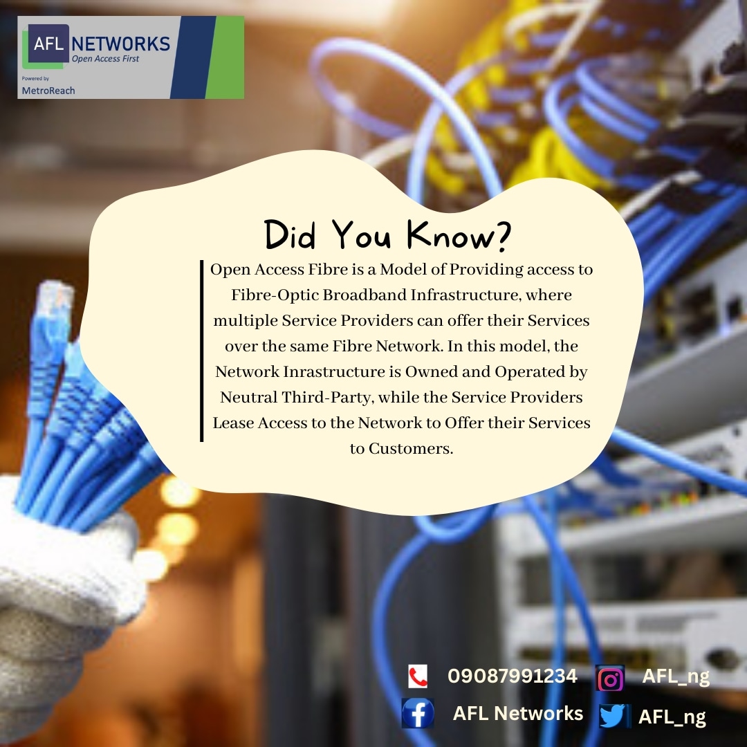 afl_ng's tweet photo. Aldreda Field Limited (AFL Networks) is Licensed by the Nigerian Communications Commission (NCC) @NgComCommission to provide Metropolitan Fibre Cable Network Services in Nigeria #AFL #AFLNetworks #fibrecable #opticfiber #openaccessfibrenetwork #Aldreda https://t.co/Onea0rDWNw