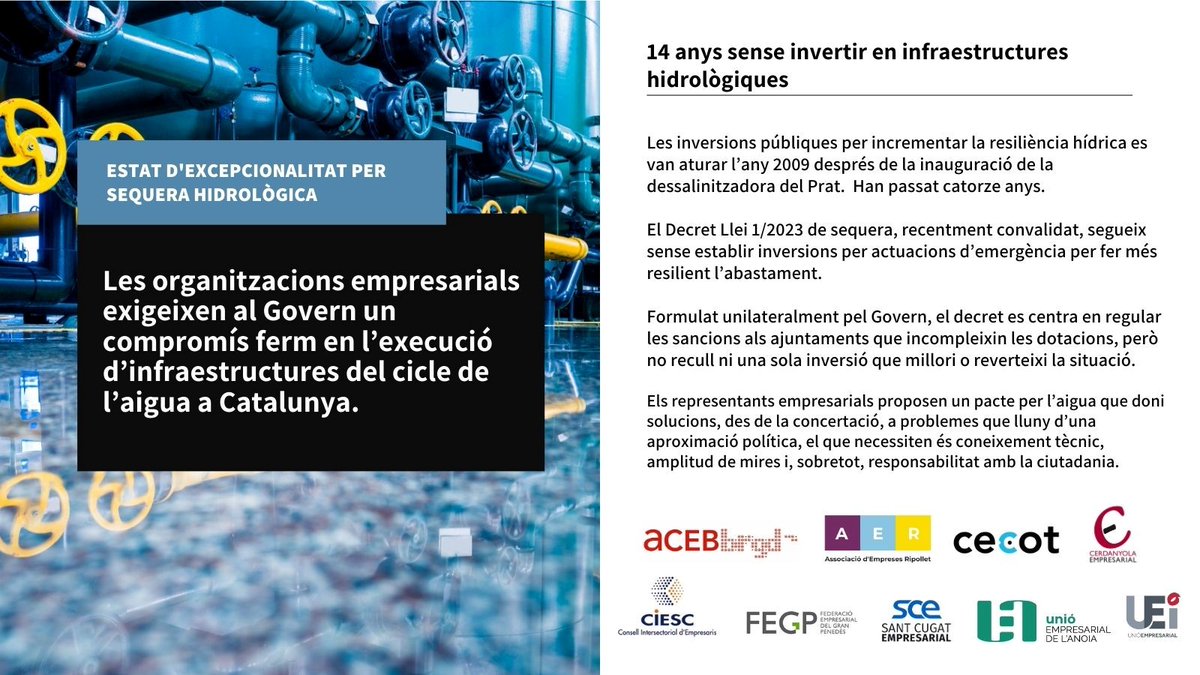 CIESC (@ciesc_) on Twitter photo Organitzacions empresarials posicionades davant decret de sequera de la Generalitat demanant compromís x l’execució d’infraestructures de cicle de l’aigua a Catalunya <a href="/AcebBergueda/">ACEB</a> <a href="/AERipollet/">ASSOCIACIÓ D'EMPRESES RIPOLLET</a> <a href="/PatronalCecot/">Patronal Cecot</a> <a href="/CerdanyolaE/">Cerdanyola Empresarial</a> #CIESC <a href="/FegpComunicacio/">FEGP</a> <a href="/SCEmpresarial/">Sant Cugat Empresarial</a> <a href="/UEAnoia/">UnióEmpresarialAnoia</a> <a href="/UEICERCLEM/">Unio Empresarial</a> Organitzacions empresarials posicionades davant decret de sequera de la Generalitat demanant compromís x l’execució d’infraestructures de cicle de l’aigua a Catalunya <a href="/AcebBergueda/">ACEB</a> <a href="/AERipollet/">ASSOCIACIÓ D'EMPRESES RIPOLLET</a> <a href="/PatronalCecot/">Patronal Cecot</a> <a href="/CerdanyolaE/">Cerdanyola Empresarial</a> #CIESC <a href="/FegpComunicacio/">FEGP</a> <a href="/SCEmpresarial/">Sant Cugat Empresarial</a> <a href="/UEAnoia/">UnióEmpresarialAnoia</a> <a href="/UEICERCLEM/">Unio Empresarial</a>