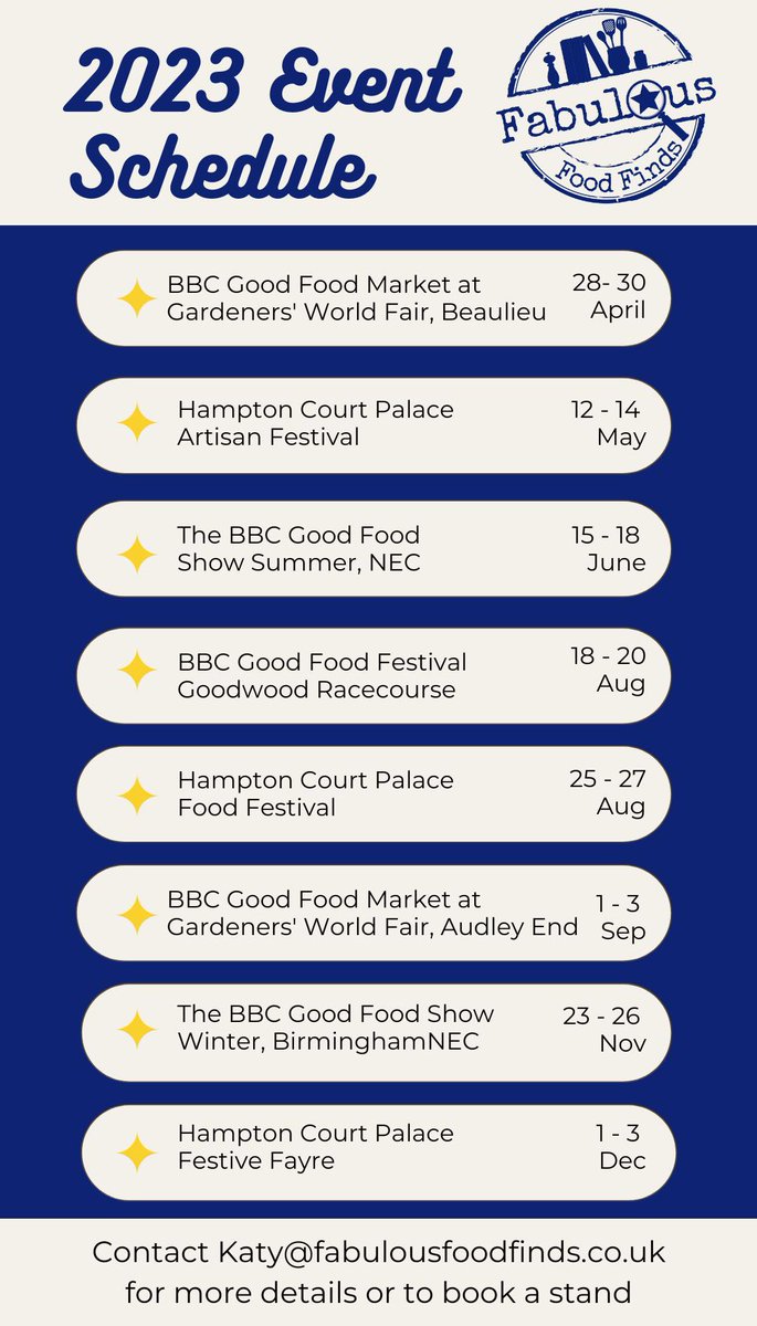 Are you a food &amp; drink brand or producer looking to increase sales &amp; brand awareness &amp; meet lots of lovely new customers? Here’s the line-up I’m working on this year - DM me for more info or email katy@fabulousfoodfinds.Co.uk