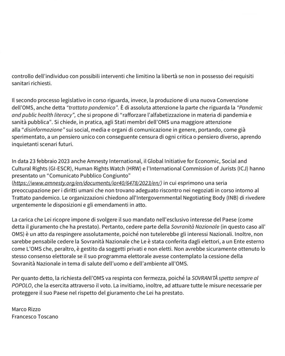 Democrazia Sovrana Popolare è impegnata seriamente per evitare che il nostro Paese sia privato della sovranità sanitaria da parte di un ente privato quale l’OMS. Lo ribadiremo nelle piazze, domani Sabato 1 Aprile alle ore 15 a Roma in Piazza SS Apostoli e nelle istituzioni,vedi..