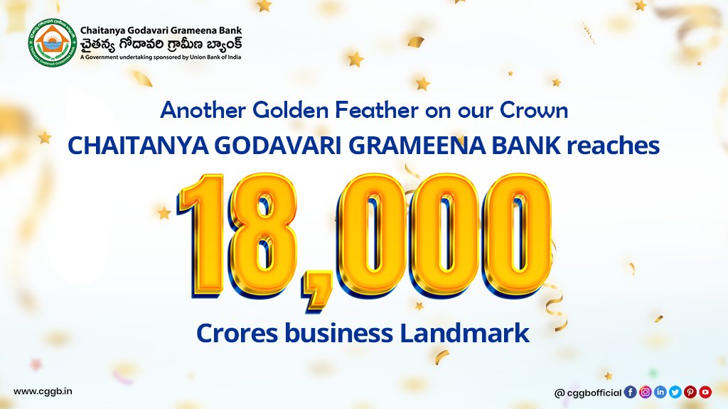 apgbankofficial's tweet photo. Another Golden Feather on our Crown 
CHAITANYA GODAVARI GRAMEENA BANK reaches 18,000 Crores business landmark

#chaithanyagodavarigrameenabank #cggb #achievement #businesslandmark  #banking #loans #andhra #andhrapradesh https://t.co/jkZx8L2WCg