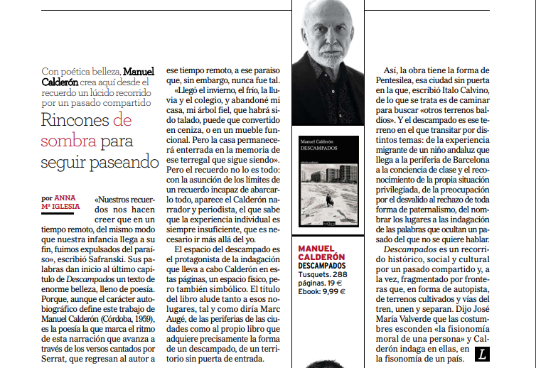 Hoy en <a href="/LaLectura_EM/">La Lectura</a> escribo sobre un libro que me ha entusiasmado:  "Descampados" -novela, ensayo, memorias- de <a href="/manuelcalder2/">Manuel Calderón</a>