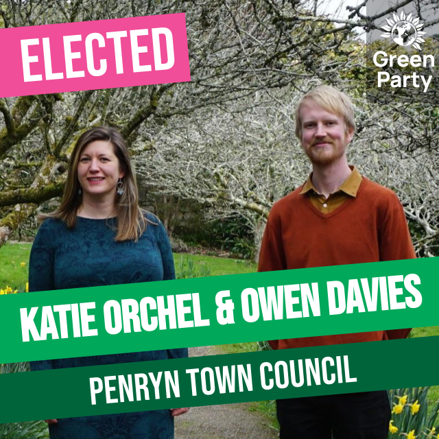 CornwallGreens's tweet photo. Congratulations to Katie Orchel &amp; Owen Davies, our newest Green Town Councillors in #Penryn!

#GettingGreensElected @GreenCllrs https://t.co/nM41vKUpdA