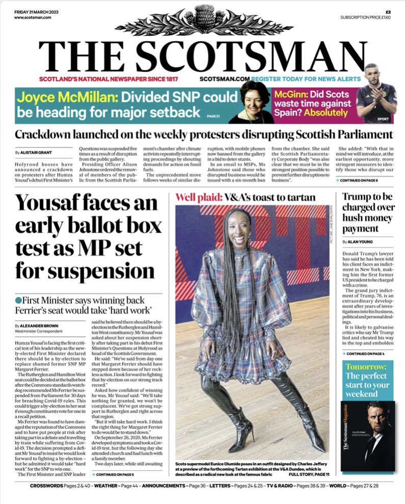 Good morning Scotland - here’s the front page of your Friday Scotsman, featuring news of Humza Yousaf’s early by-election test, and the opening of the (terrific) Tartan exhibition at V&amp;A Dundee.
