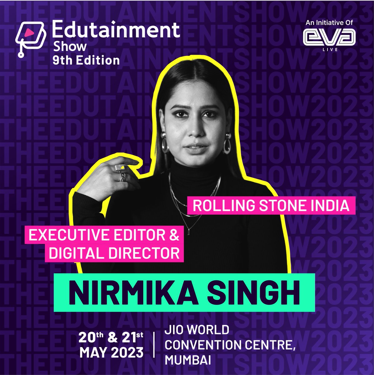 Our next speaker for #TES2023 hones a rare combination of creative and business expertise. Presenting the youngest journalist ever to hold the position of Executive Editor & Digital Director, Rolling Stone India, @nirmika ! #Edutainment #TES #TES2023 #TheEdutainmentShow