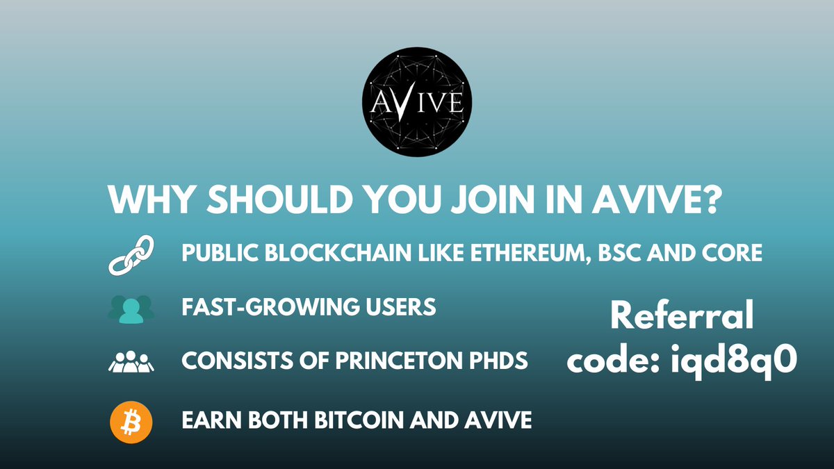 AviveWorld9's tweet photo. Why should you join in #AviveWorld? 

1. Public Blockchain just like #Ethereum, BSC and #CORE 
2. Fast Growing Users
3. Consists of Princeton PhDs
4. Earn both #Bitcoin and #Avive

Join here: https://t.co/S7IZsNqkTf https://t.co/XLxlnuf8XX
