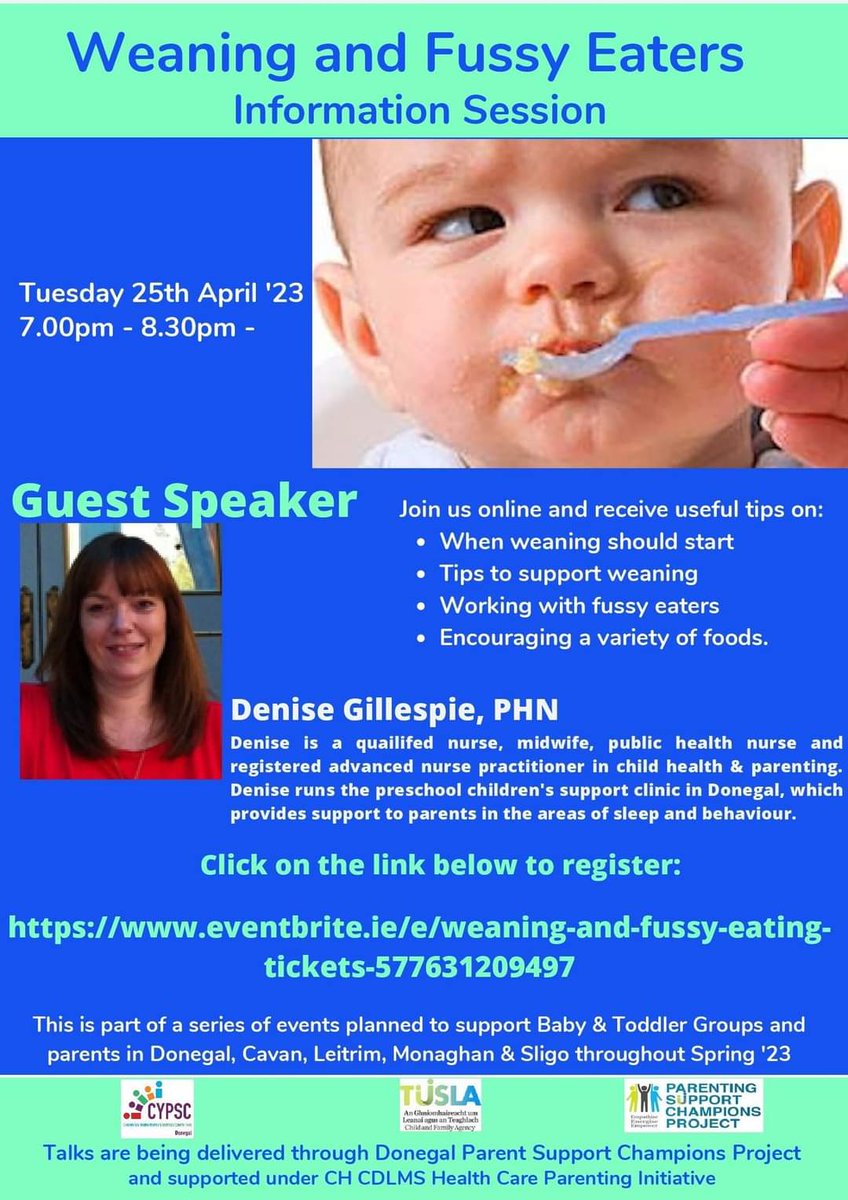 Free online information session on weaning and Fussy Eaters. April 25th 7pm-8.30. eventbrite.ie/e/weaning-and-…