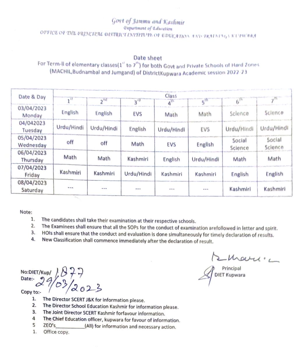 upsbudnumbalg's tweet photo. Revised Date Sheet for Term II Examination , Session 2022-23  for Class 1st to 7th for the the Hard Zone areas like Budnumbal. 
#DIET_Kupwara. https://t.co/RN3CWzuVmF
