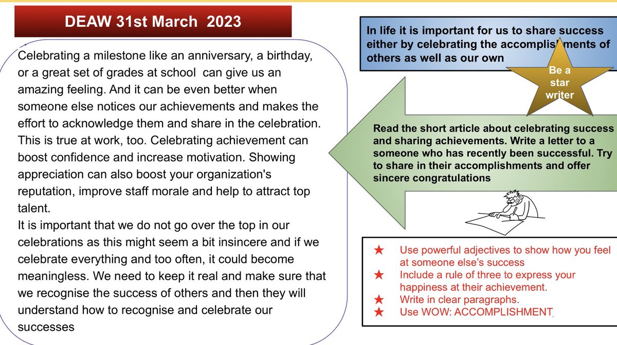 RodingValleyHS's tweet photo. What a lovely Drop Everything And Write #DEAW task to finish the term. Word of the week is #Accomplishment & theme of the week is #Celebrate #Success - there have been lots of certificates given out in assemblies this week celebrating lots of successes… https://t.co/R7YeFkPtEz