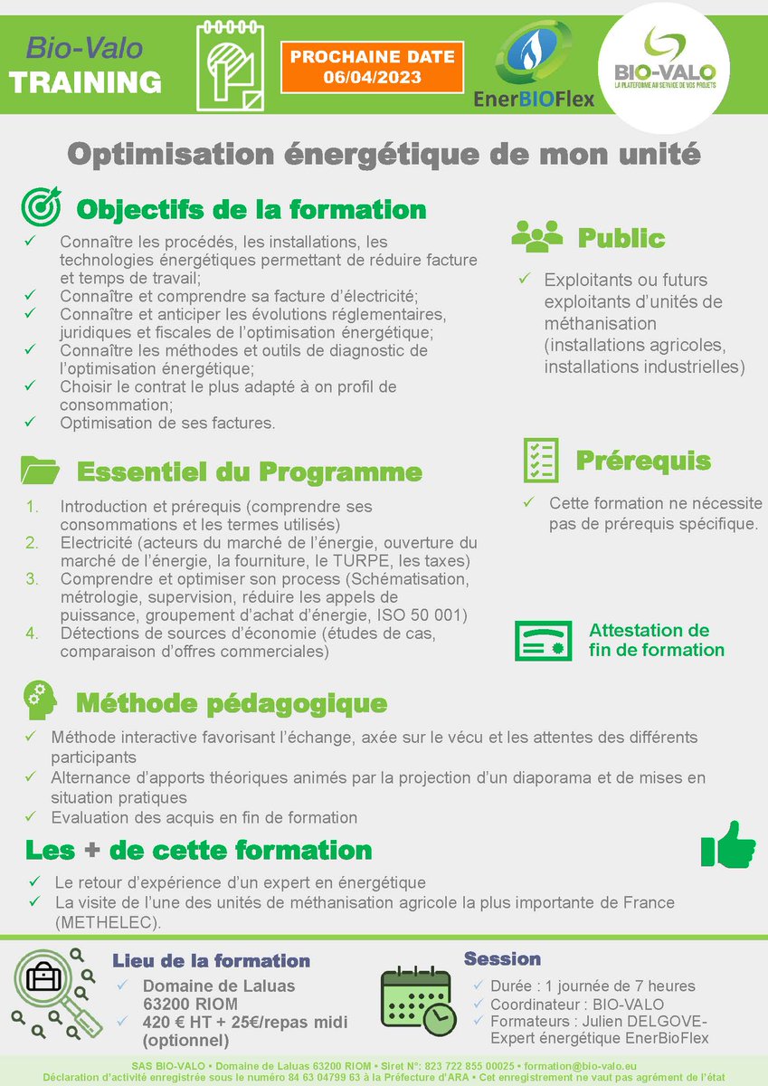 ener_bio_flex's tweet photo. [FORMATION 63200 RIOM] 📅  jeudi 6 avril 2023
☑️ OPTIMISATION ENERGETIQUE DE VOTRE UNITE
INSCRIPTIONS : 06 67 12 07 65 ou à formation@bio-valo.eu

https://t.co/RGHmZMcS2X
#formation #agriculture #sobrieteenergetique #optimisationenergetique #methanisation https://t.co/3P0d9HYPG9