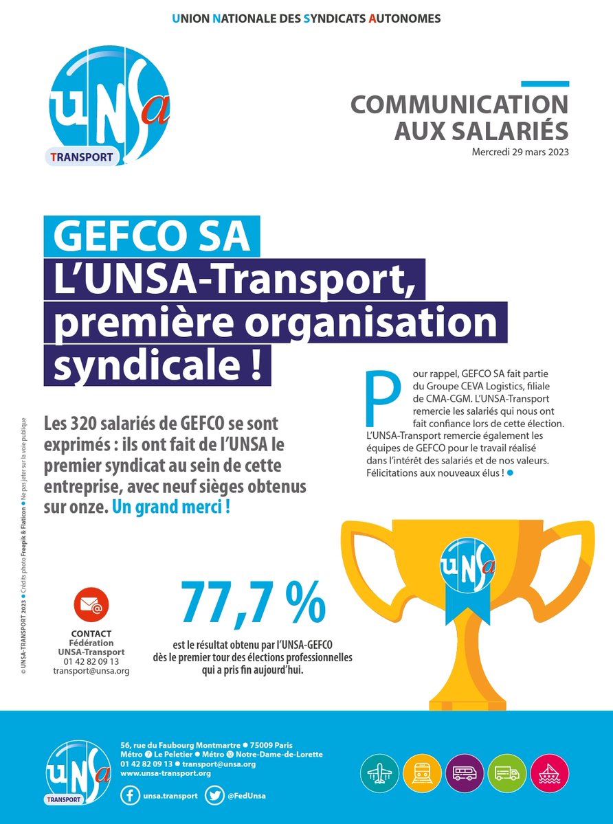 Merci aux salariés de #GEFCOSA pour leur confiance accordée à l'équipe UNSA-Transport lors des elections professionnelles.