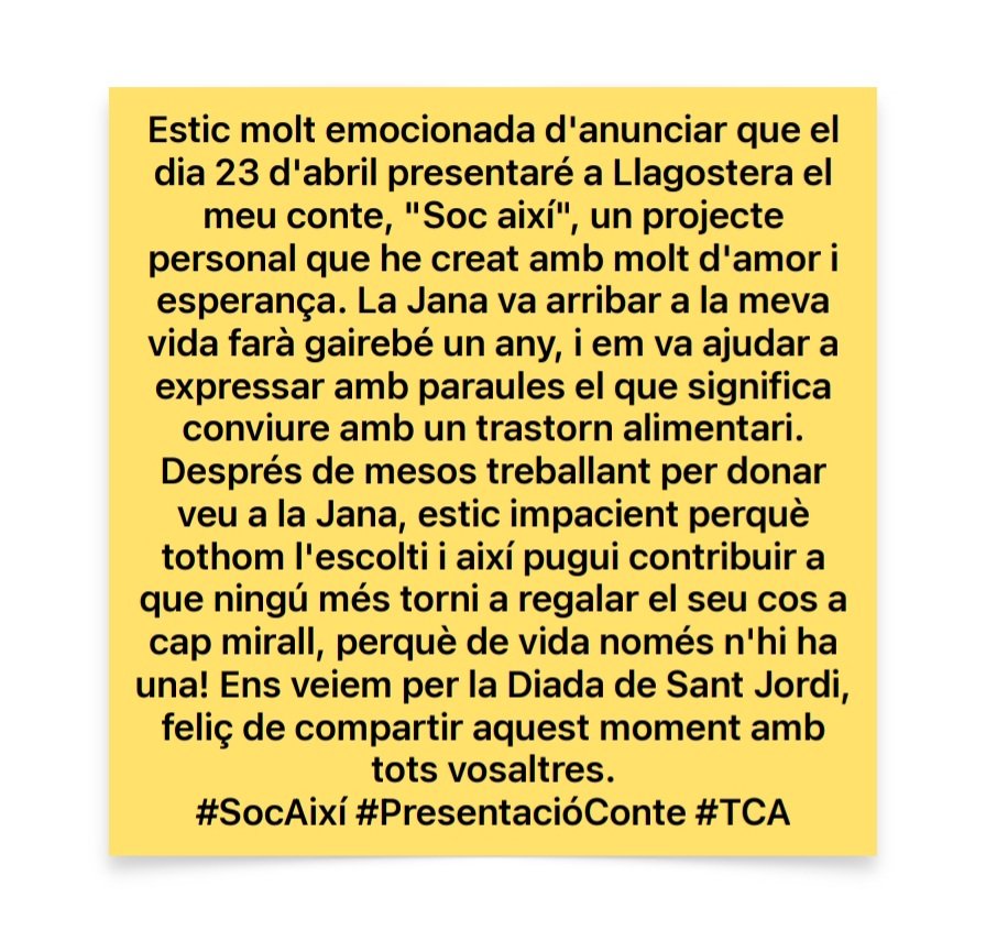 Ja ha arribat el dia! El 23 d'Abril us espero a les 17h a Llagostera! #SocAixí #TCA #PresentacióConte
<a href="/BABIDIBUlibros/">Editorial BABIDI-BÚ ✨📙</a> <a href="/llagosteraldia/">Ajuntament de Llagostera</a>