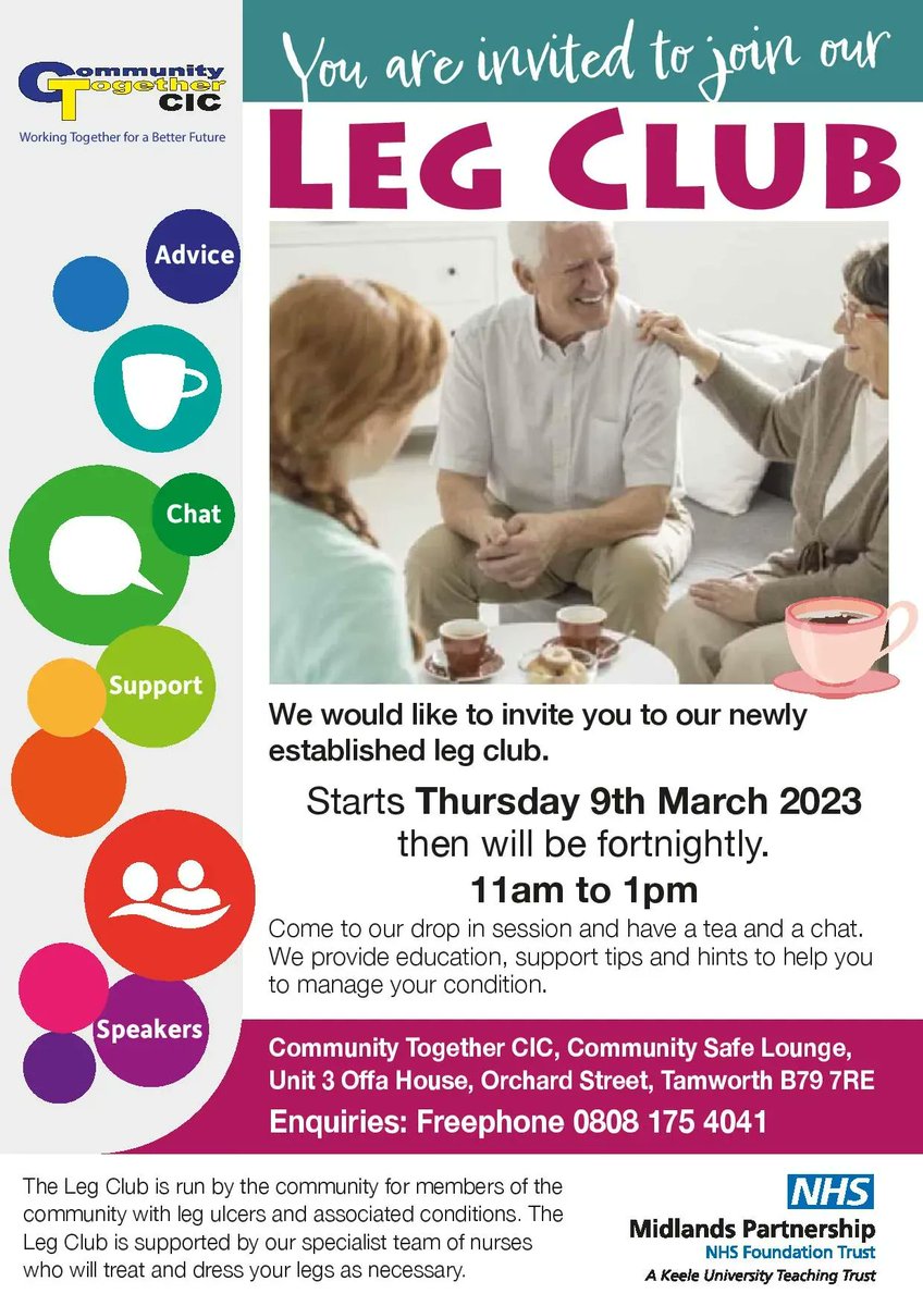 Next Leg Club will be Thursday 6th April 2023 

Come meet Nursing Team to look at Skin Care

See Poster for Details

11am to 1pm at our Safe Space Community Lounge

#IntergratedCare