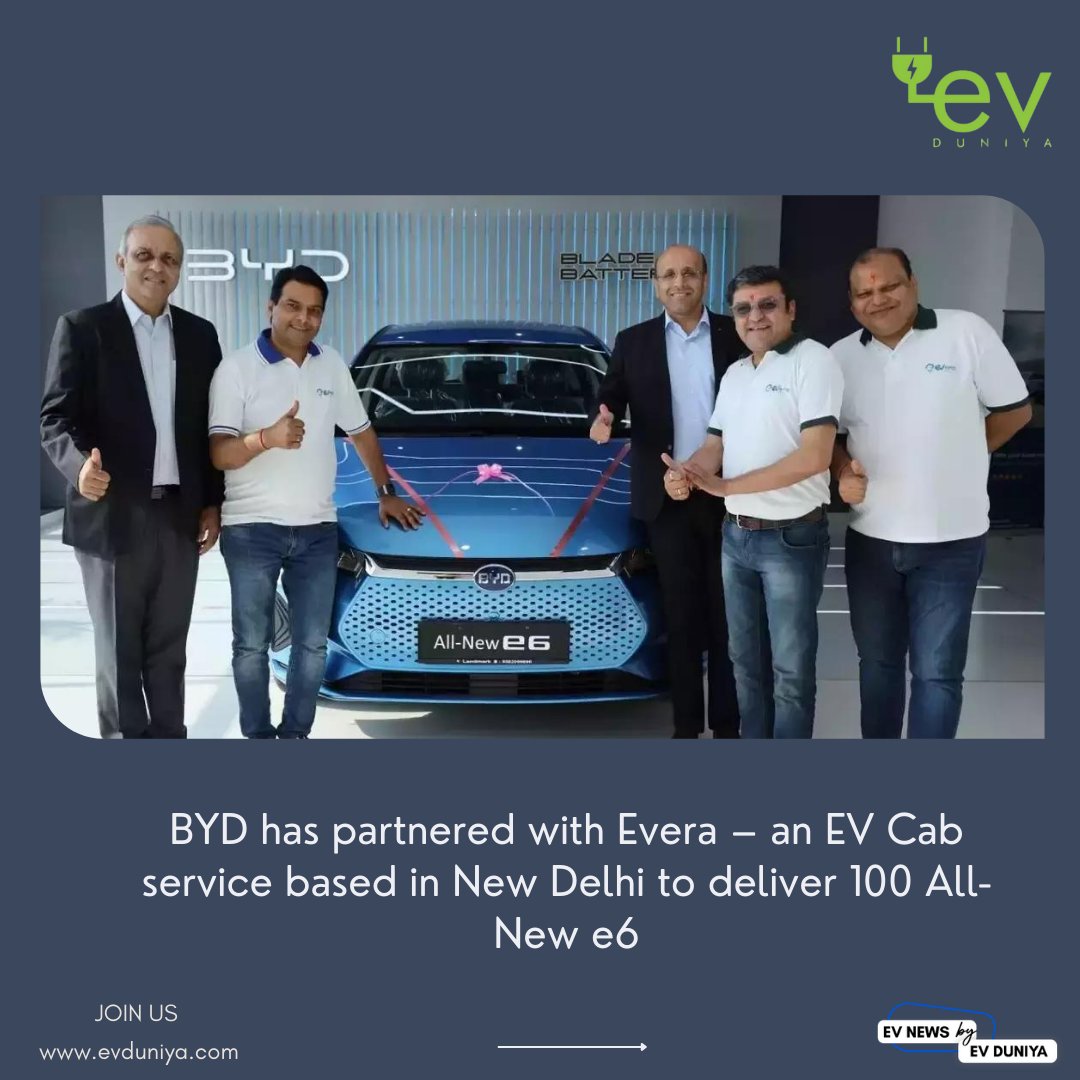 EVduniya's tweet photo. @BYDCompany has partnered with Evera – an #EVCab service, to deliver 100 All-New e6

For latest news and updates related to EV industry visit our website https://t.co/QrKAa7ilPO

-> Follow us on Instagram : https://t.co/lg8MdJC9t4

#electricvehicle #BYDindia #Evera #Partners https://t.co/Qq5P1lKOHH
