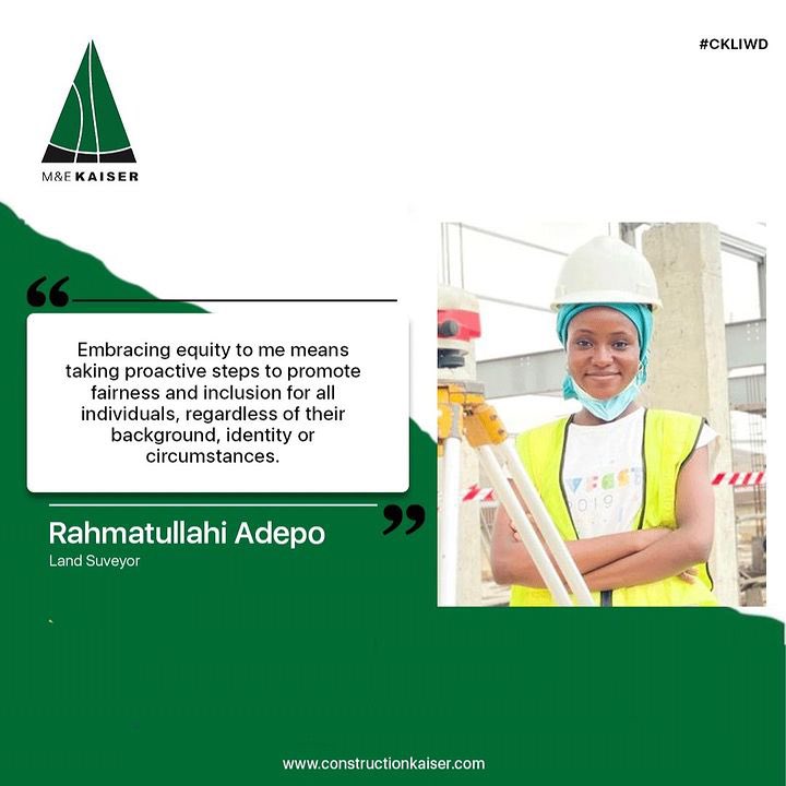 Const_kaiser's tweet photo. We are shining our #Kaiserwoman spotlight on Rahmatullahi Adepo, a land surveyor at Construction Kaiser Limited. She is the true definition of a woman who consistently breaks biases and embraces equity. https://t.co/n7rSgYDIQy