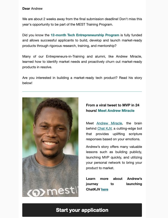 letandrewcook's tweet photo. Transitioning from core engineering to product &amp; leadership is not in any way easy. 

But I am grateful for my MEST journey in opening up that business side of things for me. 

You can apply to the class of 2024 here

https://t.co/EmaCa9ynkO https://t.co/jwVfsFxImb