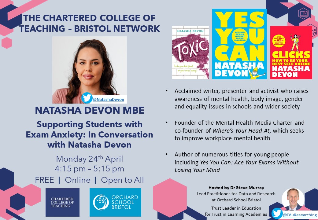PLEASE RT:

Shortly after the Easter holidays!

Supporting Students with Exam Anxiety: In Conversation with @_NatashaDevon

Monday 24th April - 4:15pm

FREE, online and open to all!

Book here: eventbrite.co.uk/e/supporting-s…

#edutwitter #SENCOs #TwitterEPs #exams #revision #anxiety