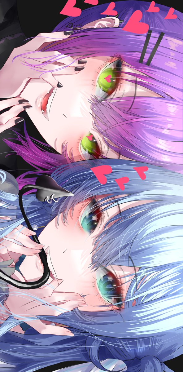 tokoyami towa multiple girls 2girls green eyes purple hair demon tail tail heart  illustration images