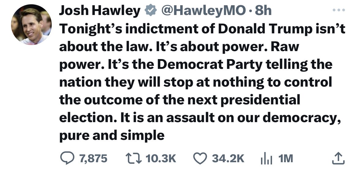 AmoneyResists's tweet image. The first indictment of Donald Trump (there will be many more) is not:

—An “outrage”
—An “attack on the rule of law”
—An “assault on our democracy”
—An “attempt by Democrats to interfere in the next Presidential election”

It’s about a criminal FINALLY being held accountable